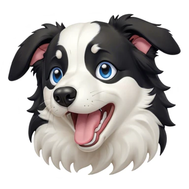 Cinematic Cute Yawning Border Collie Portrait Emoji, Head tilted slightly with a dramatic, wide-open yawn, showcasing a smooth black and white coat, floppy ears slightly drooping, round blue eyes barely open in drowsy contentment, Simplified yet irresistibly adorable features, highly detailed, glowing with a soft, cozy glow, high shine, relaxed yet alert, stylized with a touch of whimsy, bright and endearing, soft glowing outline, capturing the essence of a sleepy yet spirited herder, so drowsy it feels like it could stretch right out of the screen and curl up for a nap! sticker