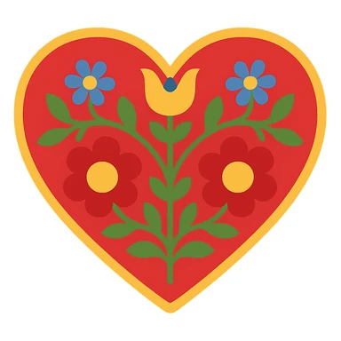 Red heart with Slavic folk art nature motif, featuring bright folk colors and simple, bold stylized flowers and vines. The design is easily recognizable when downsized and includes a border around the heart. sticker
