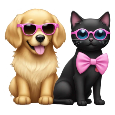 Cute small golden retriever wearing a pink bow in her hair and a black cat with shades on sticker