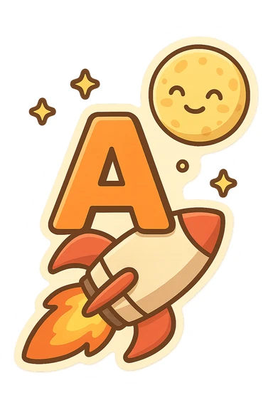 bold capital letter riding on a rocket flying toward the moon, dynamic and playful, emoji or icon style sticker