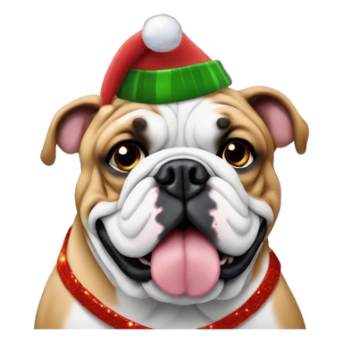 English bulldog wrapped with Christmas lights and hat sticker