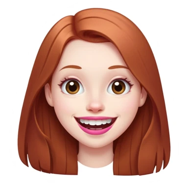 Young girl with pale skin, longer face, full pink lips smiling with big teeth, very long straight auburn hair (lighter ginger, not bright red), big brown eyes, extra large nose, big mouth, slightly asymmetrical features, less conventionally pretty sticker