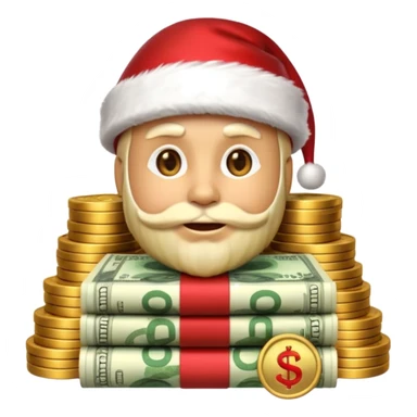 A confident rich emoji face wearing a Santa hat, money stacks, casino vibe, New Year theme, premium 3D emoji style, sharp details, no text, isolated on transparent background sticker