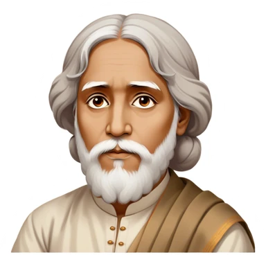 Rabindranath Tagore – Cinematic Realistic Portrait of Rabindranath Tagore, depicted with thoughtful, soulful eyes and gentle features, dressed in traditional Bengali attire with subtle artistic motifs, bathed in warm, soft lighting that evokes his poetic genius and timeless wisdom. sticker