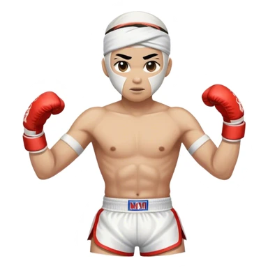 ​Cinematic Realistic Traditional Muay Thai Fighter such as Buakaw Banchamek, depicted in authentic attire featuring white bandaged gloves wrapped around his fists, a traditional headband tied neatly, and classic Muay Thai shorts, captured in a dynamic fighting stance under dramatic, high-energy lighting that highlights the raw power and elegance of the art, sticker