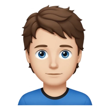 White Male, wavy brown hair, blue eyes, black t-shirt sticker