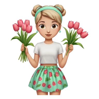 A girl with a messy bun, a mint green headband, and a floral print skirt, holding a bunch of tulips. sticker