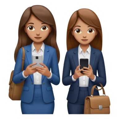 two brown haired girls, looking professional maybe leaned on each others back and looking forward and using phones, with long hair and one girl can hold lap top another one can hold the phone, professional clothes, more stylish sticker