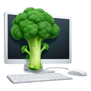 Generate a creative broccoli emoji sitting in front of a computer with a stylus, designing something on a screen. sticker