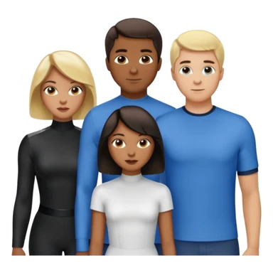 3 Friends standing side by side, charlie's angels style: 1 black woman with a short flat pressed bob, 1 hispanic man with a thin nose and long hair, and 1 white guy with blue eyes and a short brown-blonde haircut sticker