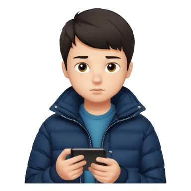 A teenage boy with short dark hair, fair skin, and some acne. He’s wearing a dark puffer jacket and looking at a phone or mirror with a neutral expression. Indoors with natural light. sticker