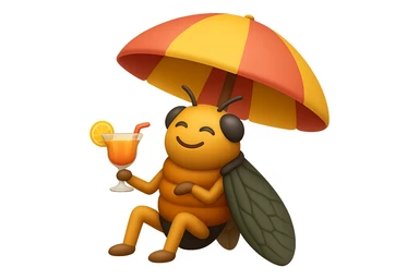 EMOJI STILE IPHONE 3D DI UNA CICALA CHE STA RILASSATA SEDUTA SOTTO L'OMBRELLONE IN SPIAGGIA CON UN COCKTAIL IN MANO sticker