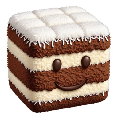 Cinematic Realistic Lamingtons Dessert Emoji, depicted as soft sponge squares coated in chocolate and coconut rendered with mouth‚Äêwatering detail and vibrant lighting. sticker