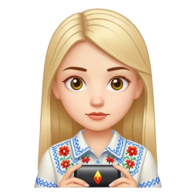 A Ukrainian girl in an embroidered shirt holds a battery sticker