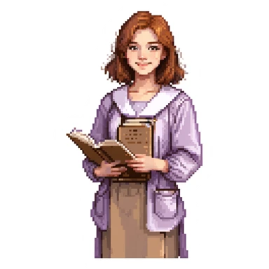 Calm female artist, Caucasian features, shoulder-length auburn hair, soft brown eyes, gentle smile, wearing a violet smock over a light beige top, holding a sketchbook close to chest, waist-up, front-facing sticker