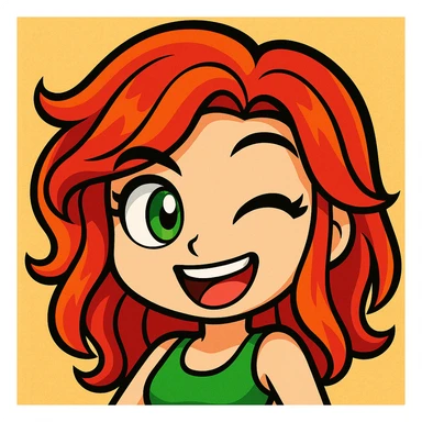 Extract the girl's face from the group image and give her a happy, winking expression, maintaining the original cartoon style and quality. sticker