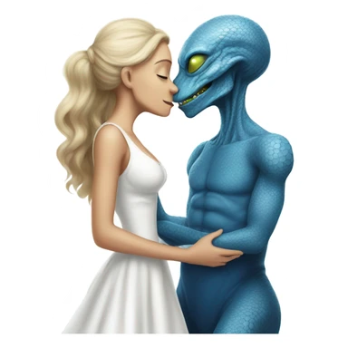 White man in blue dress hugs and kissing Alien reptilian woman in white dress  sticker