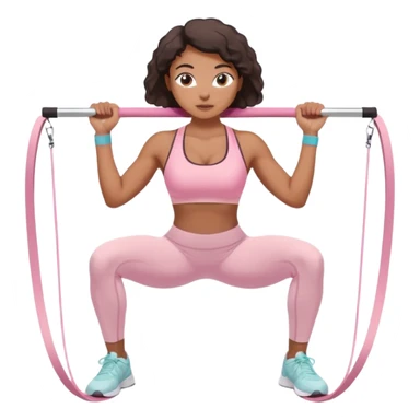 Mixed-race athletic woman with bronzed skin, pastel pink sports bra and white leggings, doing squats with resistance band sticker