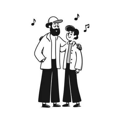 A taller 35-year-old musician with beard and backwards cap with his arm around the shoulder of his shorter, younger 25-year-old musician brother. Both facing forward, smiling. Obvious height difference between them. Music notes floating around and band members celebrating in background. sticker
