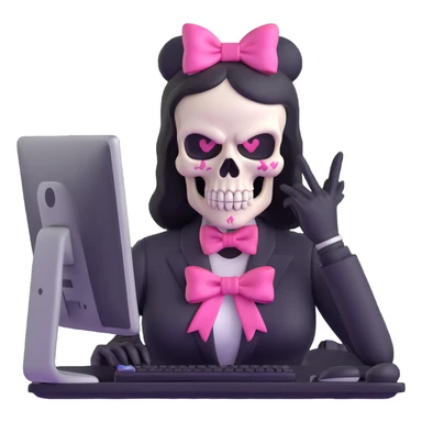 female Punisher skull character with pink bow working on computer sticker