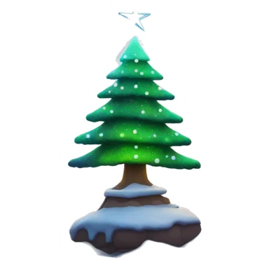 Christmas tree with snow covering, sits under northern lights sticker