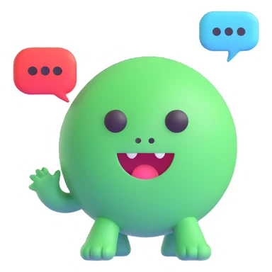 Retro game mascot — like a Tamagotchi-style AI creature, round and colorful with a speech bubble. sticker