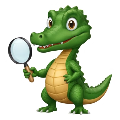 A green academic cartoon gator with a magnifying glass on a light background sticker
