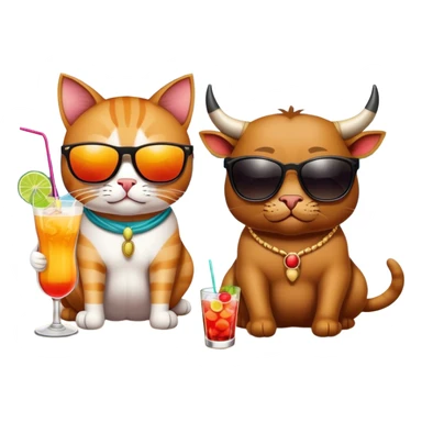 Кошка и бык лежат на пляже вместе, пьют коктейли в Таиланде sticker