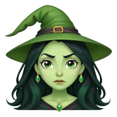 Green-skinned witch with long black hair, embarrassed expression, blushing sticker