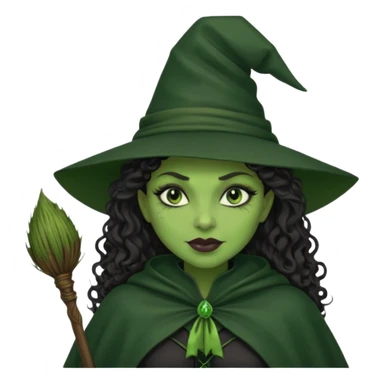 elphaba wicked witch with broom close up, evil dark curly hair, green skin, thick lips, cheekbones, smirk evil menacing cythia erivo dark aesthetic black hat cloak  sticker