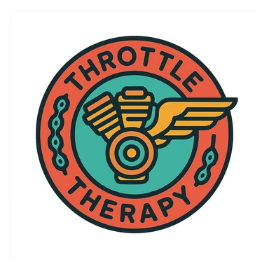 circular motorcycle cap design with the English phrase 'Throttle Therapy', featuring motorcycle motifs like motor, chain, wing, liberating style sticker