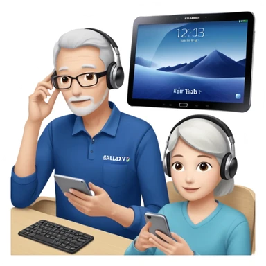 Please make it again in the style you just sent me. All devices should be Galaxy.
1. MZ users using headsets and watching youtube
2. A person holding a tablet in one hand and a smartphone in the other
3. Senior who enjoys looking at his cell phone
4. Creators working hard with Galaxy Tab + keyboard  sticker