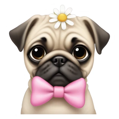Baby pug with big pink
eyes wearing a pink bow on her head and a daisy in her mouth  sticker