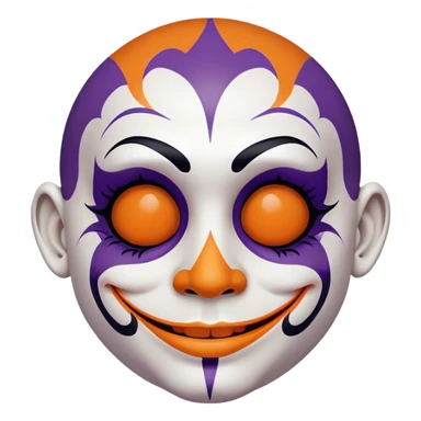 Juggalo smiley face that is Perfectly round and hairless with white skin and elaborate but symmetrical lined face paint that is orange outlined in dark purple sticker
