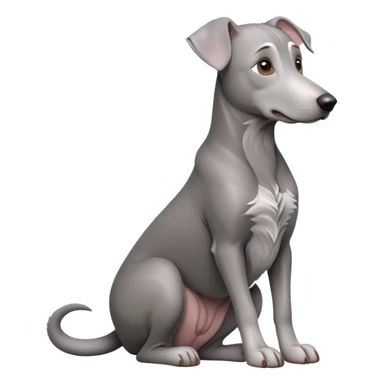 cinematic-[weimeraner-realistic-full-body-sitting-emoji,-tail-resting-loosely-beside-its-paws,-head-tilted-dramatically, -sleek-[grey]-fur,-simplified-yet-realistic-focused-features,-highly-detailed,-glowing-with-an-almost-sarcastic-glow sticker