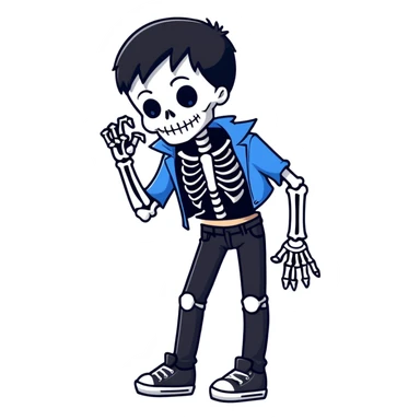 black-haired, blue-eyed person wearing a black skeleton top and ripped black jeans sticker