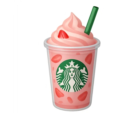 Show the strawberries inside the drink as thinly sliced pieces, keep the light pink Starbucks drink in a clear cup with green straw, in emoji style with no background. sticker