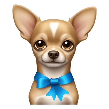 A grey brown chihuahua with little light brown eyes and a blue ribbon  sticker
