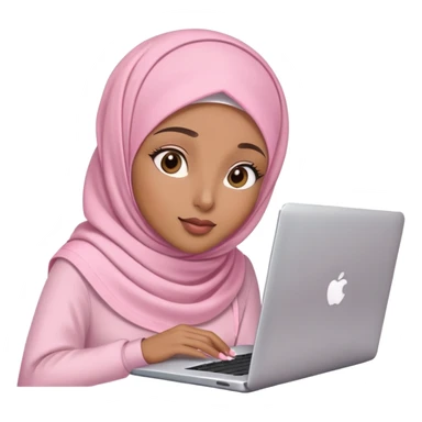 Light brown skin woman wearing light pink hijab with natural makeup, long eyelashes and lip gloss working behind laptop sticker