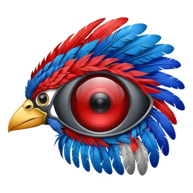 grey eye piece with red and blue feathers sticker