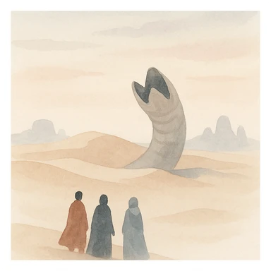 Arrakis planet from Dune, sandworm emerging from the sand in the midground, three figures in the foreground, rocky formations in the distance, dusk sky, in a painterly style sticker