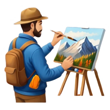 Artist painting a beautiful autumn mountain peak destination on canvas sticker