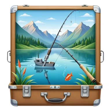 Icon for Fishing Travel: a fishing rod, tackle box and a boat on a calm lake surrounded by mountains and lush greenery, with fish jumping out of the water. The icon should capture the peaceful and adventurous nature of fishing trips. Transparent background. sticker