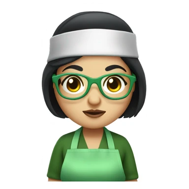 chubby lady with black hair and big eyes green apron  with glasses cooking  sticker
