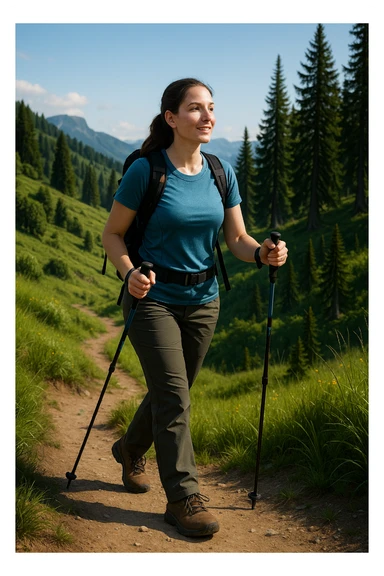a lady hiking, wearing practical hiking clothes, in a scenic landscape sticker