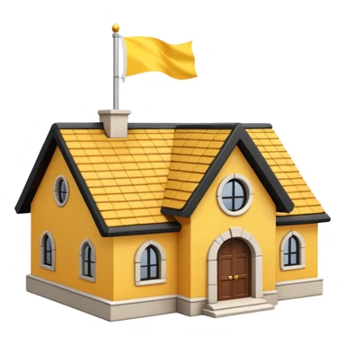 simple school, white background, magic school, black roof, with a big flag, big flag on a roof, big yellow flag, white school sticker