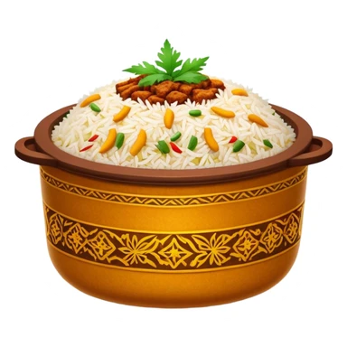 Cinematic Realistic Biryani Dish Emoji, depicted as aromatic basmati rice layered with spiced meat and herbs rendered with vibrant textures and warm, inviting lighting. sticker