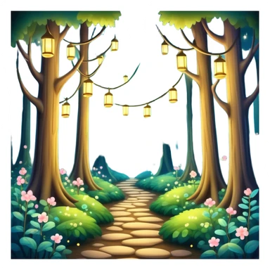 enchanted forest with tall trees, sparkling lights, whimsical atmosphere sticker
