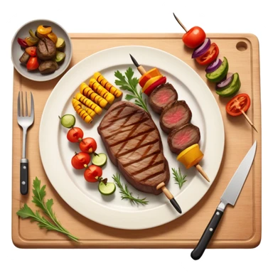 icon featuring a chef’s hat, a cutting board with fresh ingredients, a knife, a beautifully cooked ribeye steak, shashlik skewers, and a plate of food in the making. The design captures the passion of cooking with warm, inviting colors, and realistic textures. Transparent background. sticker
