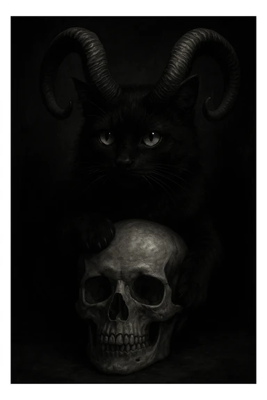 A black cat with oversized demon horns, curled around a human skull, moody and dramatic, dark and gothic atmosphere sticker